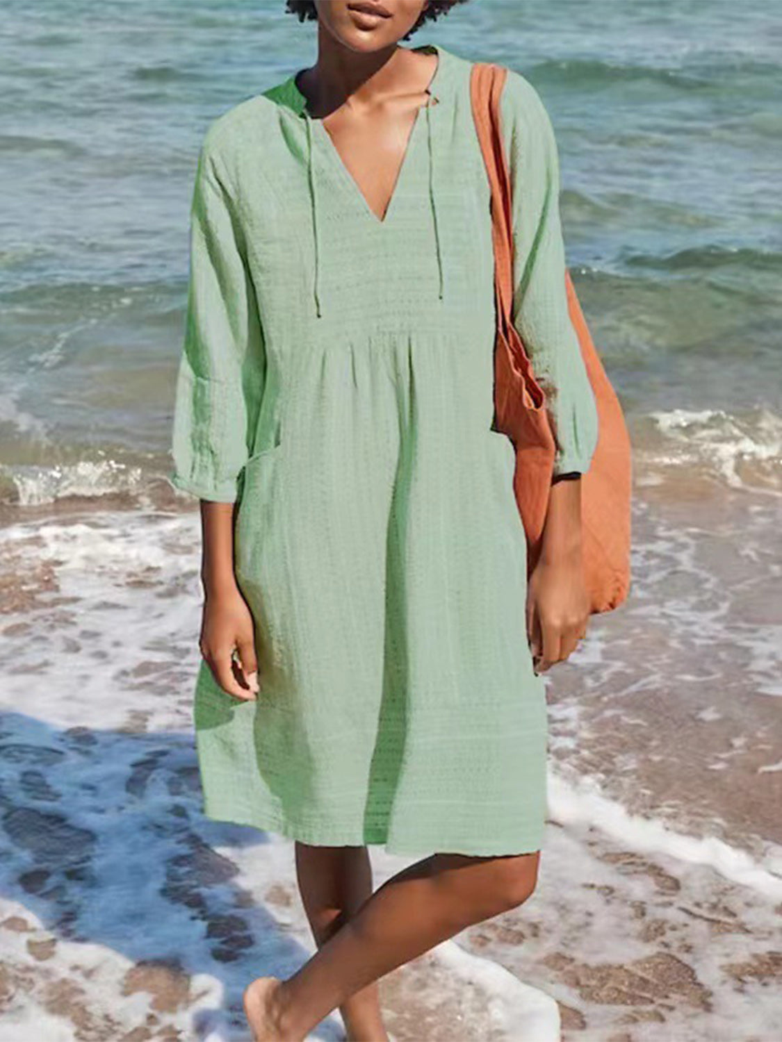 Full Size Tied Three-Quarter Sleeve Mini Dress (4 Colors) Dress Krazy Heart Designs Boutique Gum Leaf L