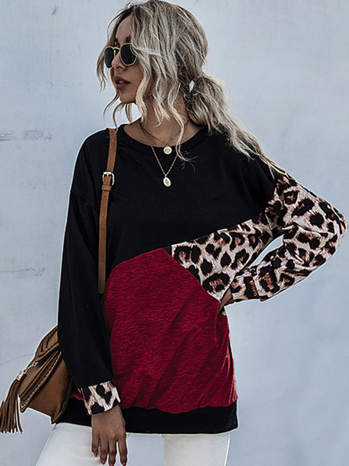 Perfee Leopard Contrast Color Long Sleeve Sweatshirt Shirts & Tops Krazy Heart Designs Boutique   