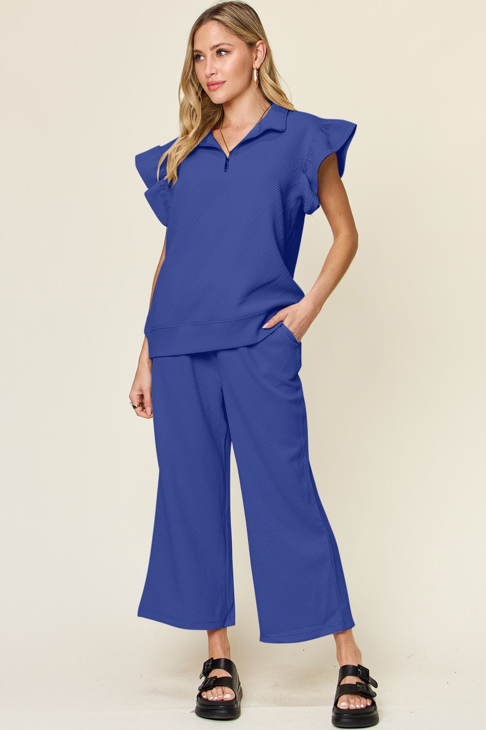 Double Take Texture Ruffle Short Sleeve Top and Drawstring Wide Leg Pants Set (12 Colors) pantsuit Krazy Heart Designs Boutique