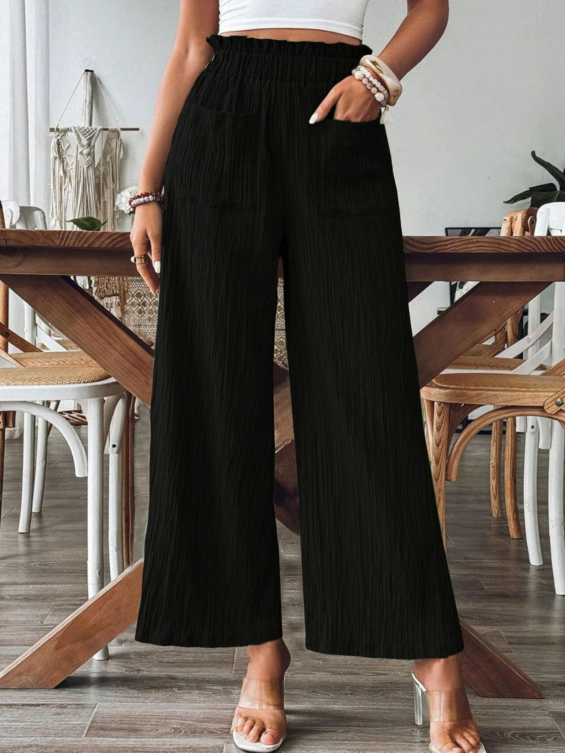 Pocketed Elastic Waist Wide Leg Pants (3 Colors) pants Krazy Heart Designs Boutique Black S