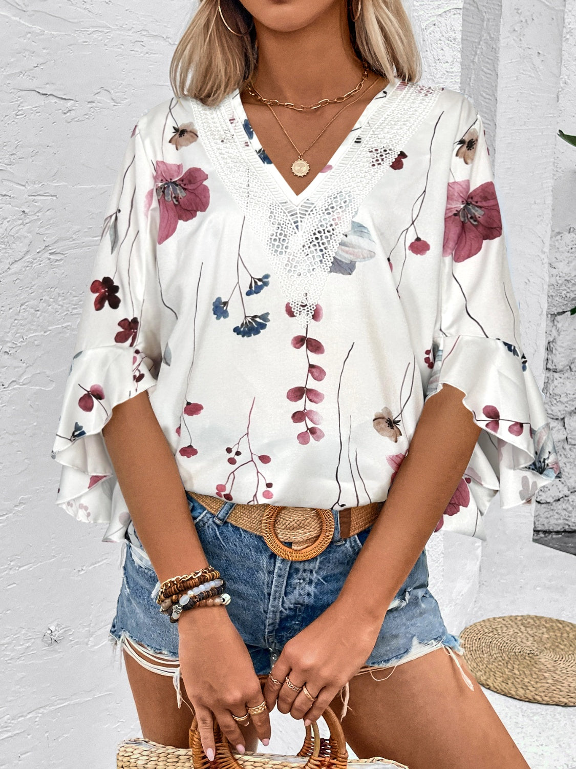 Honey Ruffled Printed V-Neck Half Sleeve Blouse (4 Print Colors) Shirts & Tops Krazy Heart Designs Boutique   