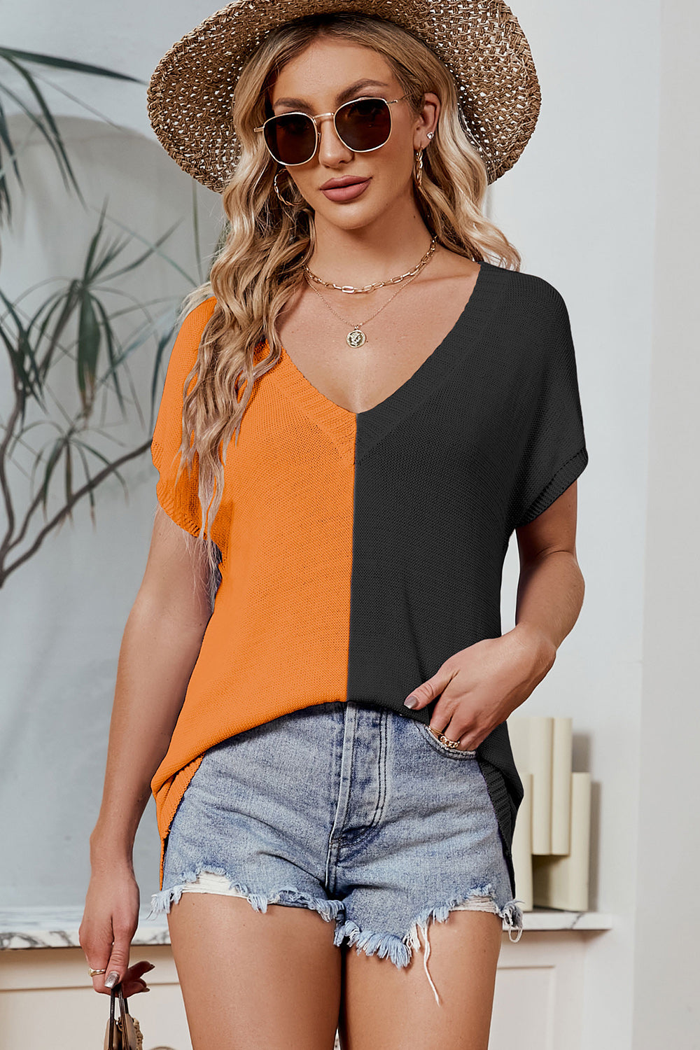 Color Block V-Neck Short Sleeve Knit Top (8 Colors) Shirts & Tops Krazy Heart Designs Boutique