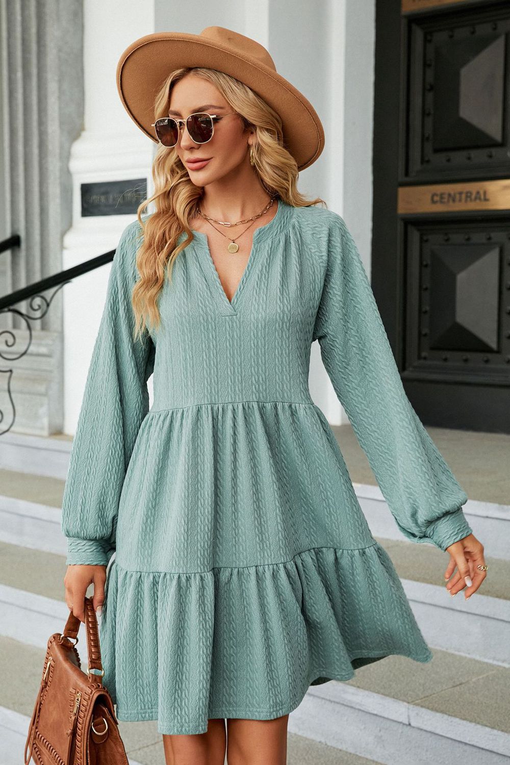 Notched Neck Long Sleeve Mini Dress (6 Colors) Dress Krazy Heart Designs Boutique Light Green S 