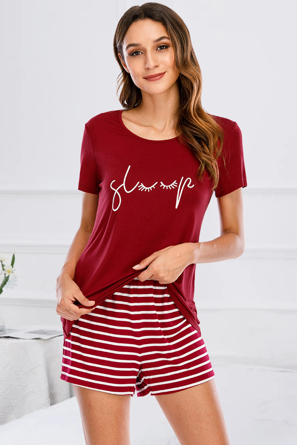 Graphic Round Neck Top and Striped Shorts Lounge Set Loungewear Krazy Heart Designs Boutique Scarlet S 