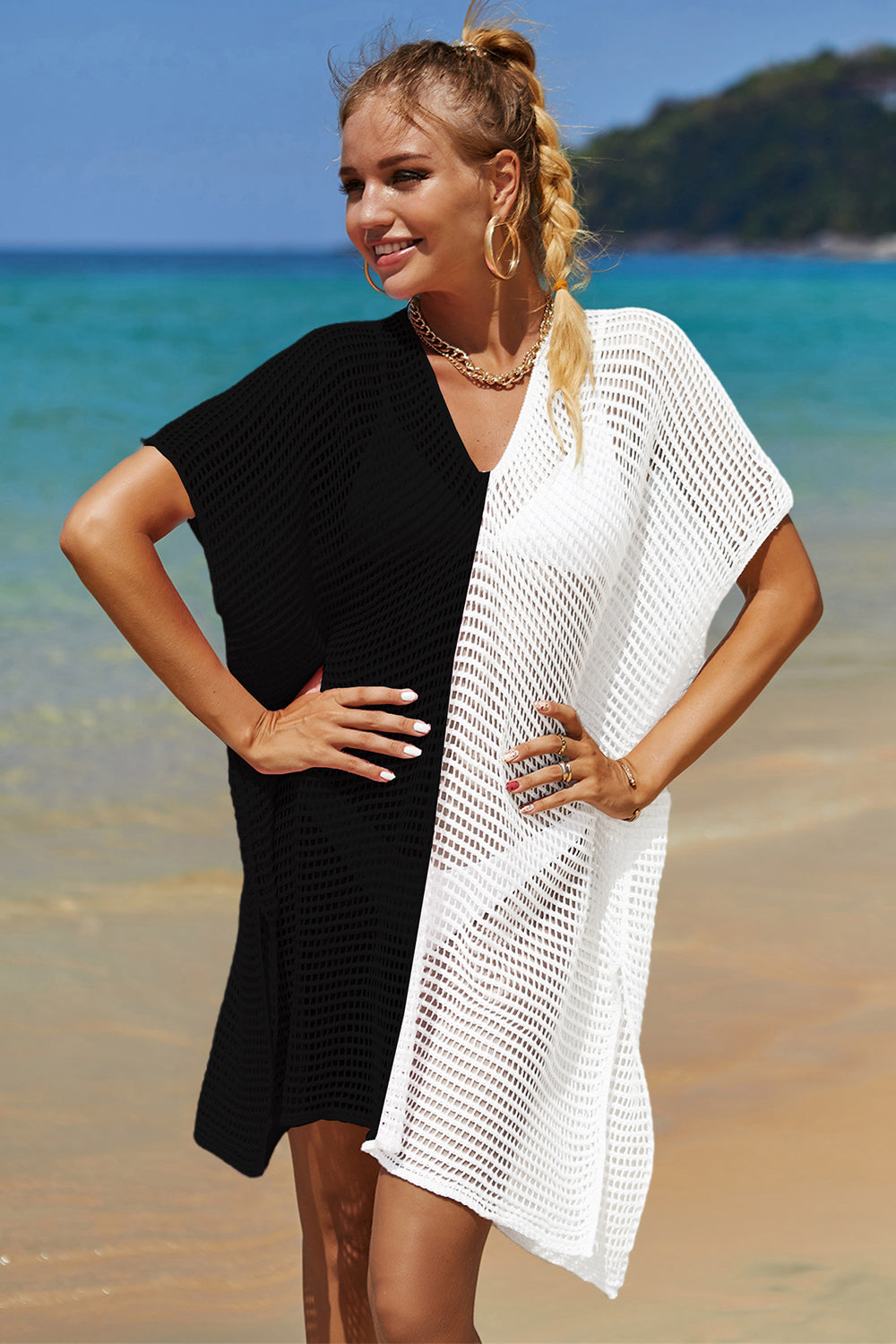 Double Take Openwork Contrast Slit Knit Cover Up (6 Colors) swimwear Krazy Heart Designs Boutique   