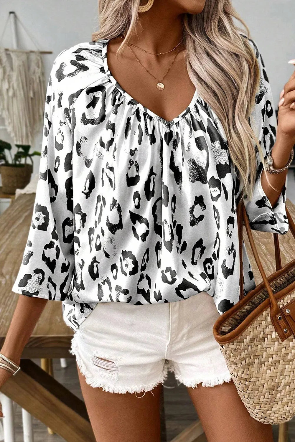 Leopard V-Neck Three-Quarter Sleeve Blouse (3 Colors) Shirts & Tops Krazy Heart Designs Boutique Black S 