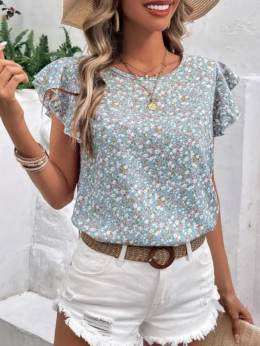 Ditsy Floral Round Neck Cap Sleeve Top (3 Colors) Shirts & Tops Krazy Heart Designs Boutique Light Blue S
