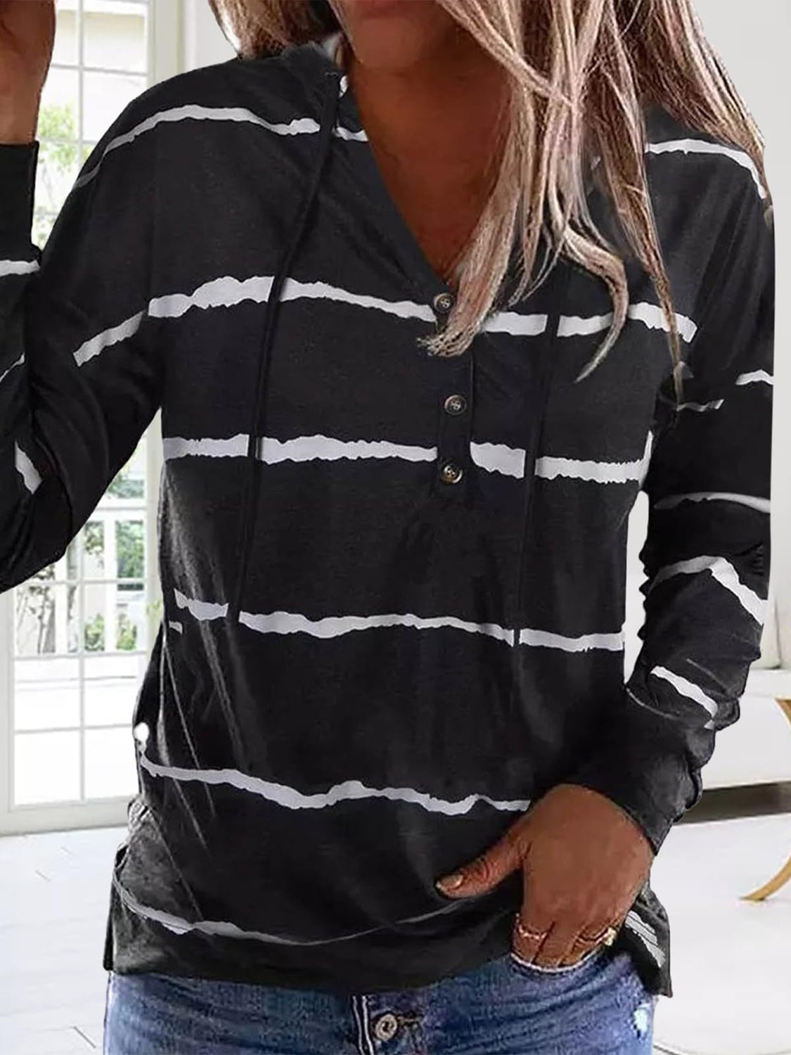 Drawstring Striped Long Sleeve Hoodie (2 Colors) Shirts & Tops Krazy Heart Designs Boutique Black S 