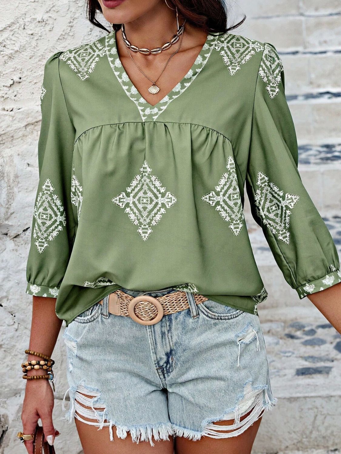 Printed V-Neck Three-Quarter Sleeve Blouse (6 Colors) Shirts & Tops Krazy Heart Designs Boutique   