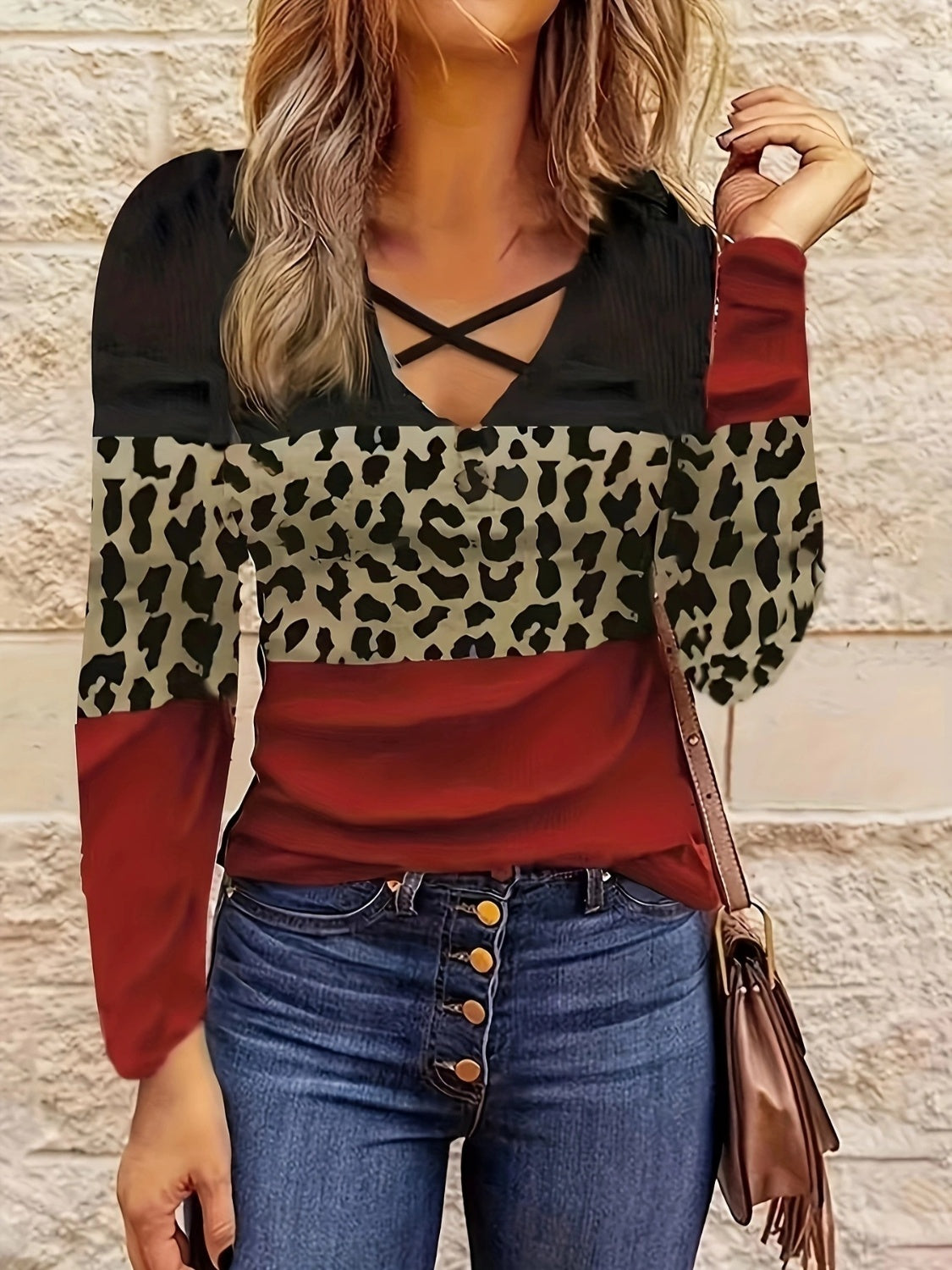 Crisscross Color Block Long Sleeve Top (3 Color Styles) Shirts & Tops Krazy Heart Designs Boutique Deep Red S 