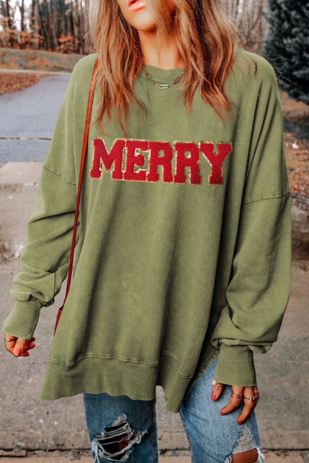 MERRY Side Slit Long Sleeve Sweatshirt Shirts & Tops Krazy Heart Designs Boutique   