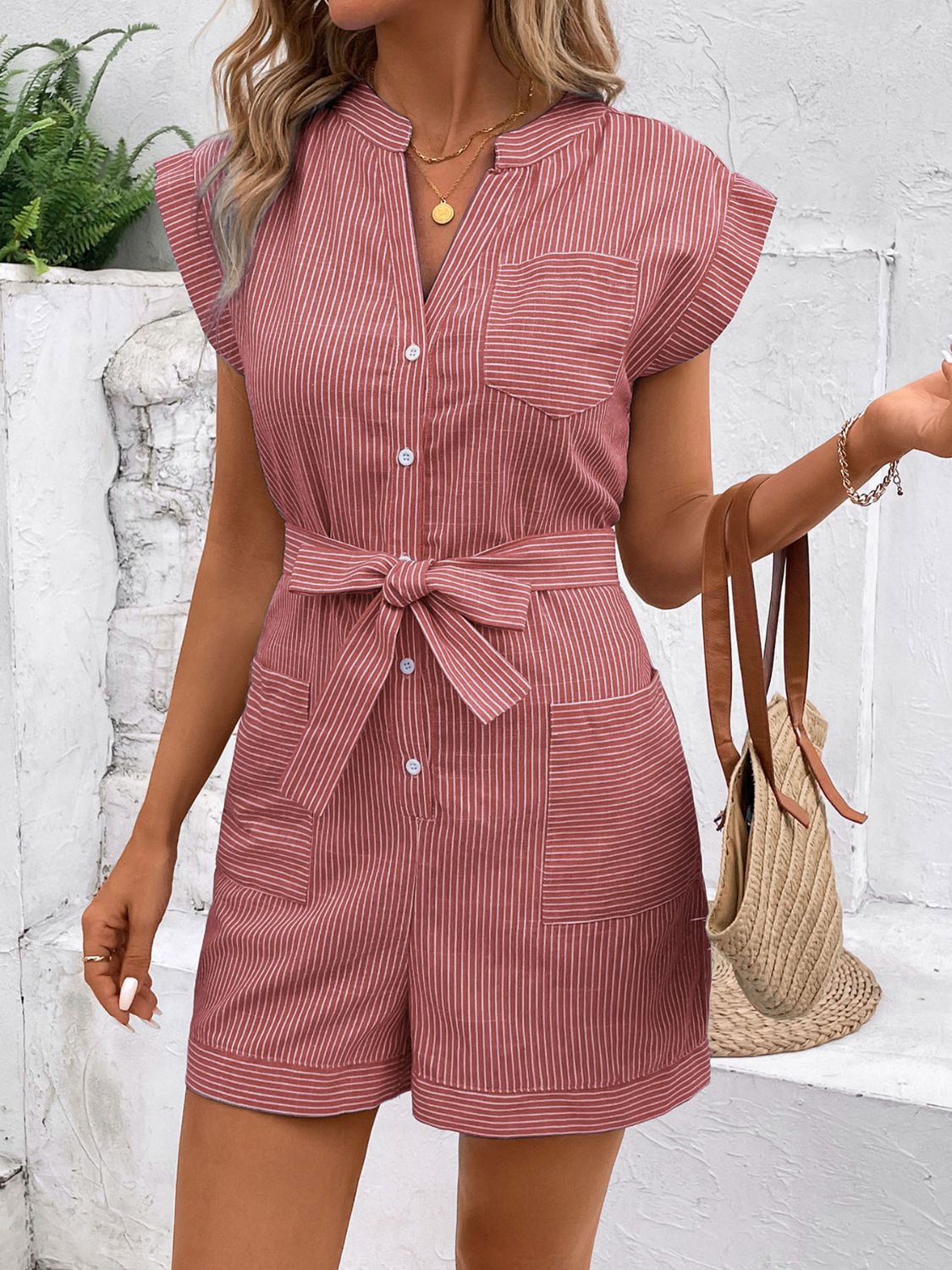 Striped Notched Tie Waist Romper (6 Colors) Outfit Sets Krazy Heart Designs Boutique   