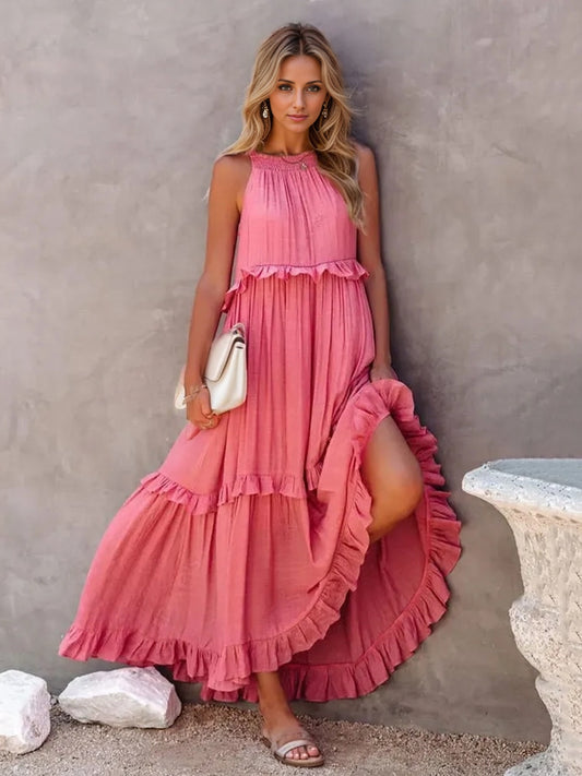 Ruffled Sleeveless Tiered Maxi Dress with Pockets (8 Colors) Dress Krazy Heart Designs Boutique Watermelon pink S 