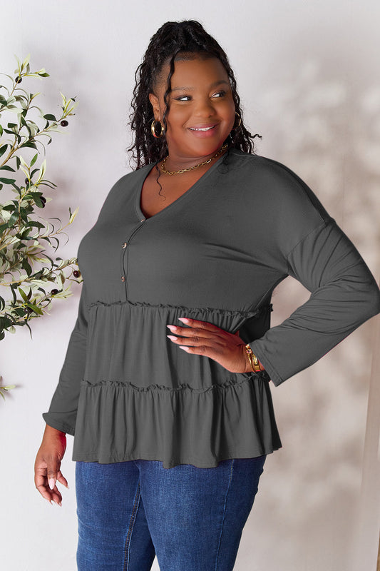 Double Take Half Button Long Sleeve Ruffle Hem Blouse (7 Colors) Shirts & Tops Krazy Heart Designs Boutique Dark Gray S 