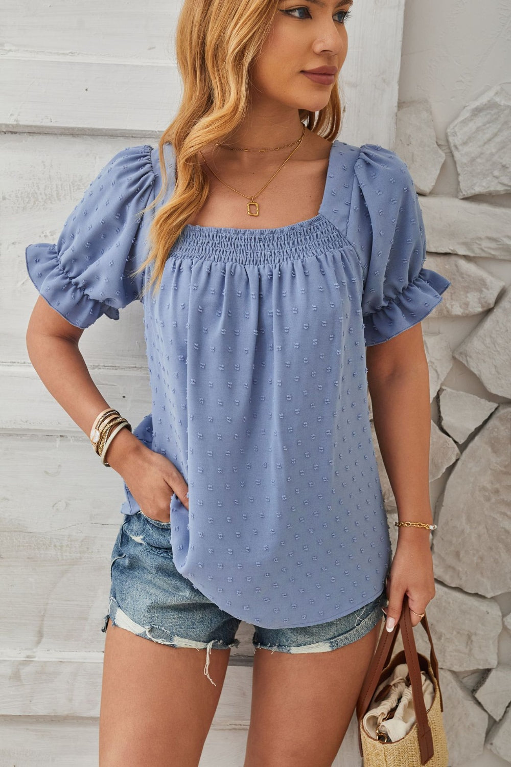 Swiss Dot Smocked Square Neck Short Sleeve Top (5 Colors) Shirts & Tops Krazy Heart Designs Boutique Misty  Blue S 