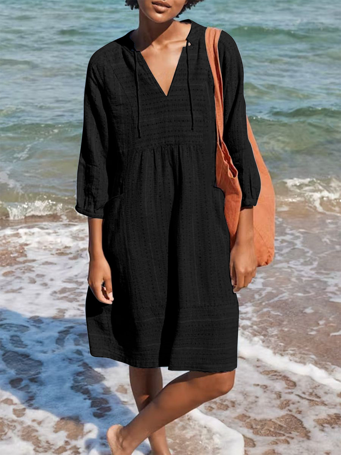 Full Size Tied Three-Quarter Sleeve Mini Dress (4 Colors) Dress Krazy Heart Designs Boutique Black S