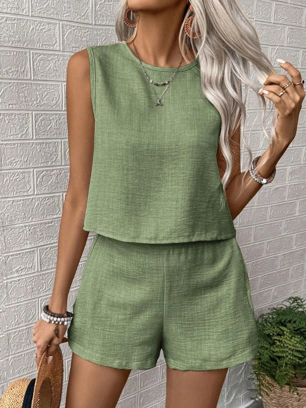 Casual Round Neck Sleeveless Top and Shorts Set (5 Colors) Outfit Sets Krazy Heart Designs Boutique Matcha Green S
