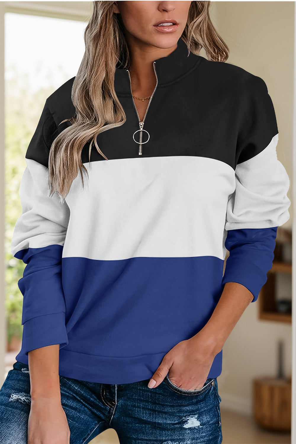 Full Size Color Block Quarter Zip Long Sleeve Sweatshirt (3 Colors) Shirts & Tops Krazy Heart Designs Boutique Navy S 