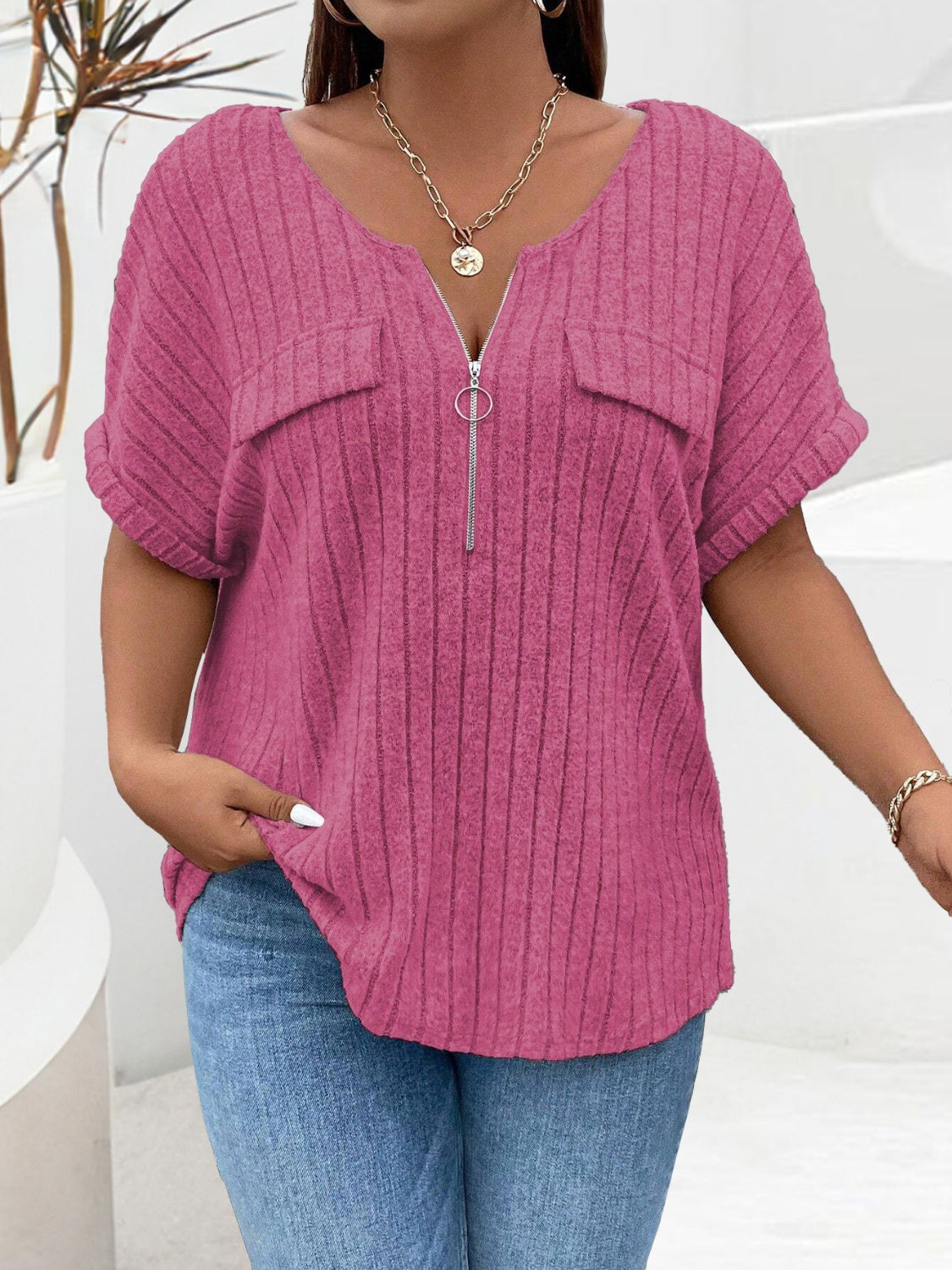 Plus Size Half Zip Short Sleeve Top (4 Colors) Shirts & Tops Krazy Heart Designs Boutique Cerise 1XL 