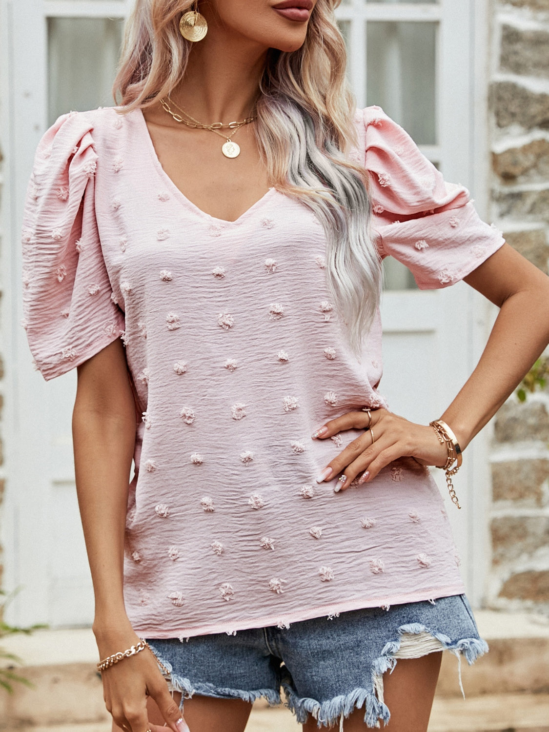 Swiss Dot Short Puff Sleeve Top Shirts & Tops Krazy Heart Designs Boutique Blush Pink S 