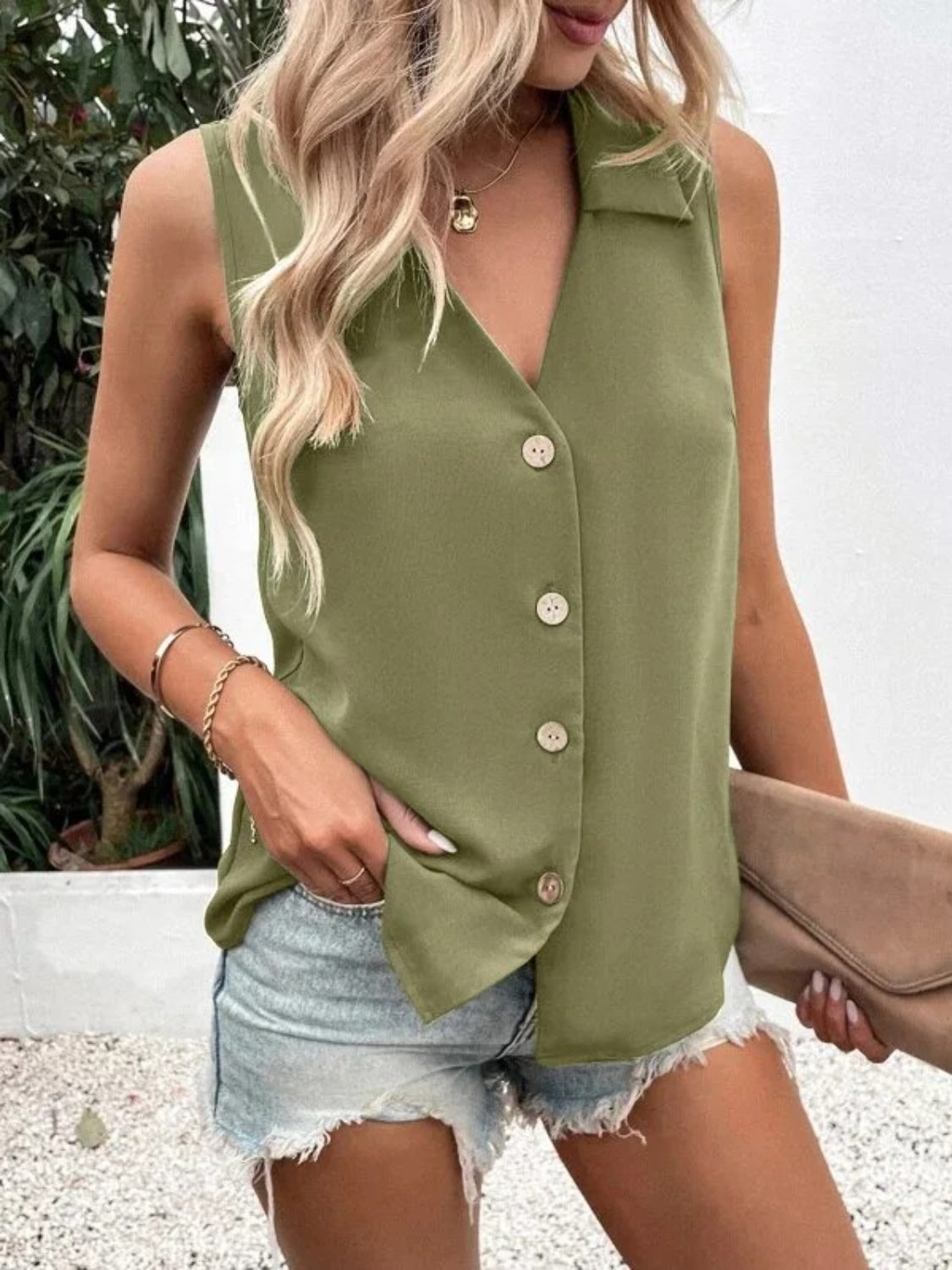 Johnny Collared Button Up Sleeveless Top Shirts & Tops Krazy Heart Designs Boutique