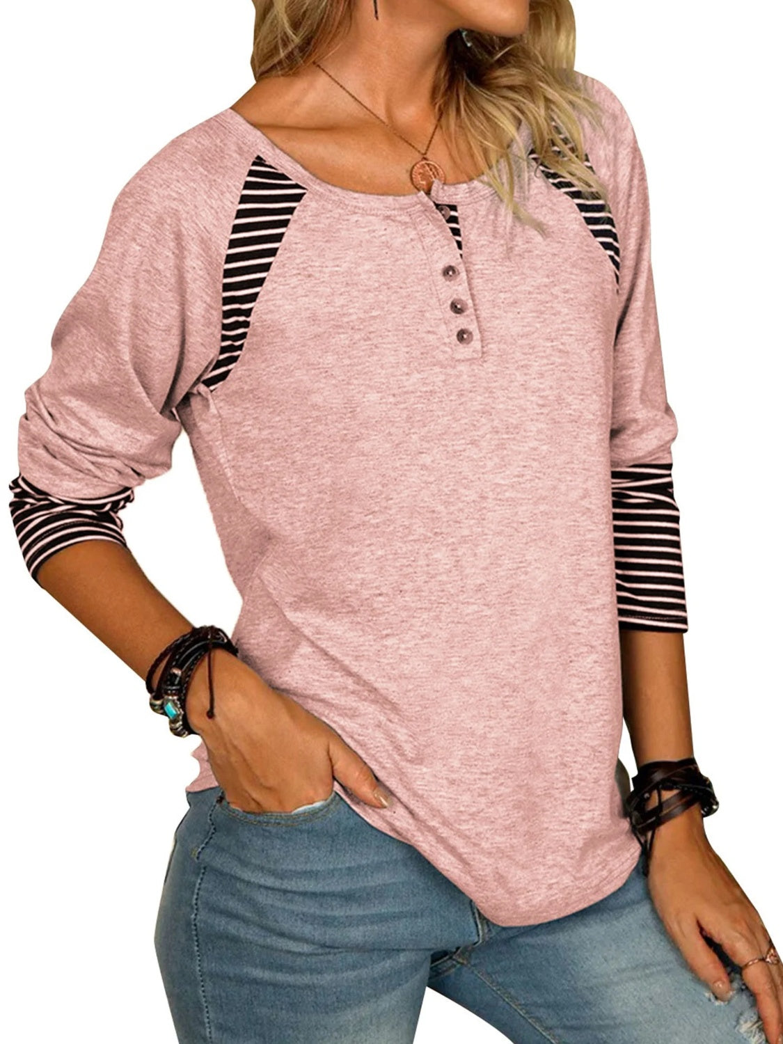 Full Size Striped Quarter Button Long Sleeve Top (6 Colors) Shirts & Tops Krazy Heart Designs Boutique   