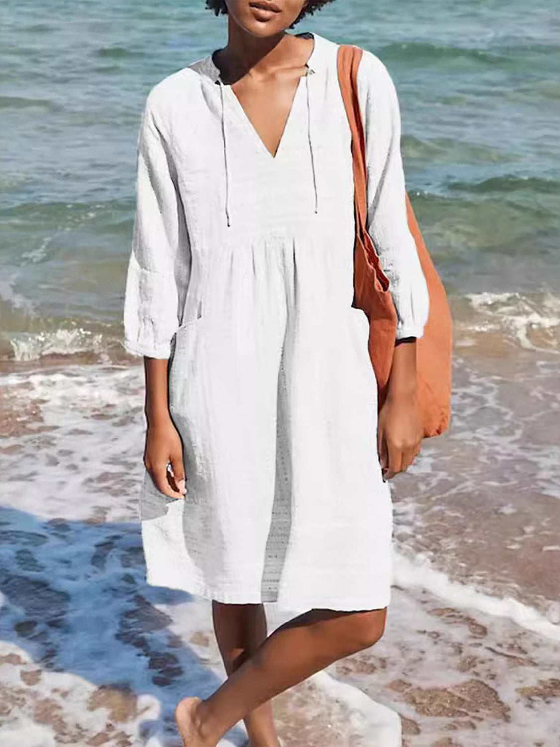 Full Size Tied Three-Quarter Sleeve Mini Dress (4 Colors) Dress Krazy Heart Designs Boutique White S