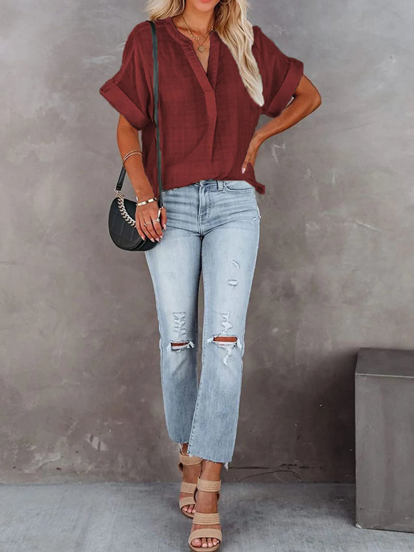 Oversized Notched Casual Shirt (8 Colors) Shirts & Tops Krazy Heart Designs Boutique Burgundy S