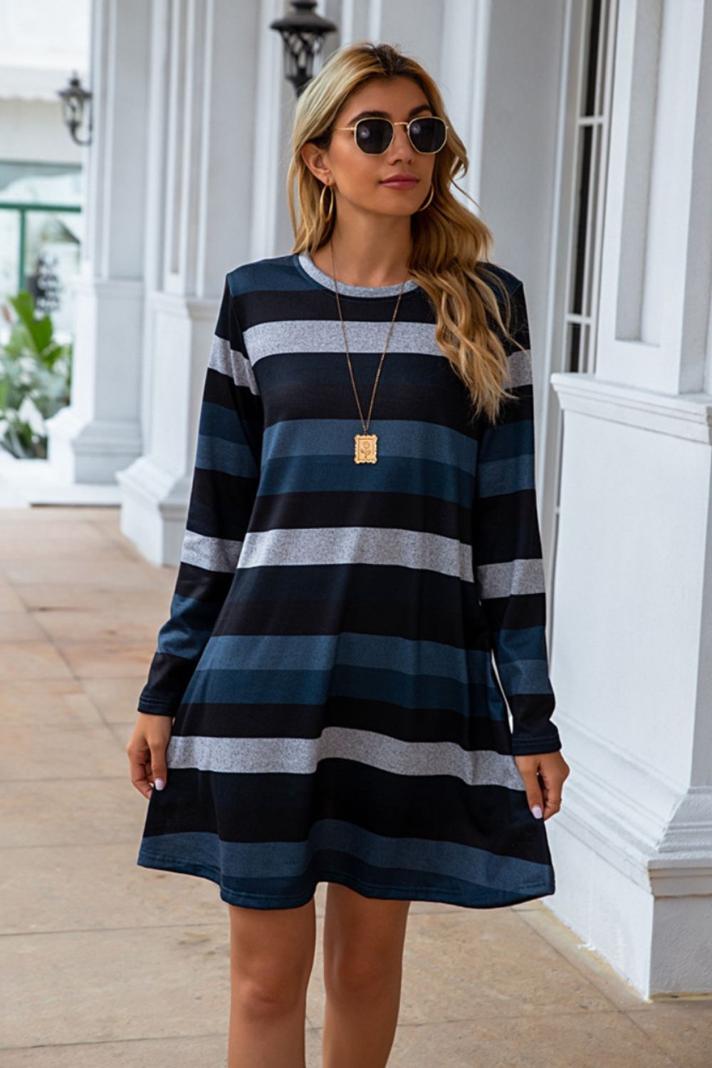 Striped Round Neck Long Sleeve Dress (4 Colors) Dress Krazy Heart Designs Boutique   