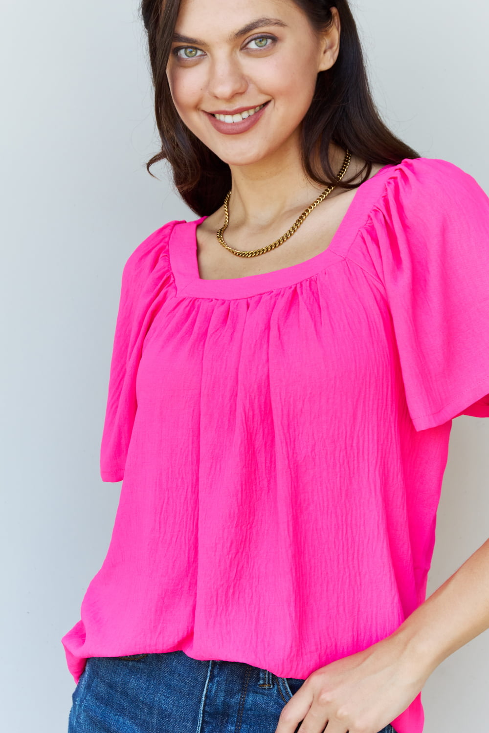 Ninexis Keep Me Close Square Neck Short Sleeve Blouse in Fuchsia  Krazy Heart Designs Boutique   