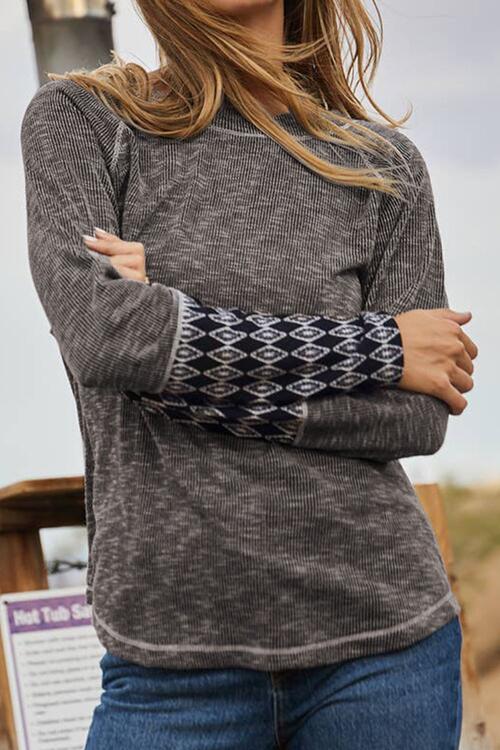 Geometric Round Neck Long Sleeve Top Shirts & Tops Krazy Heart DesignsBoutique   