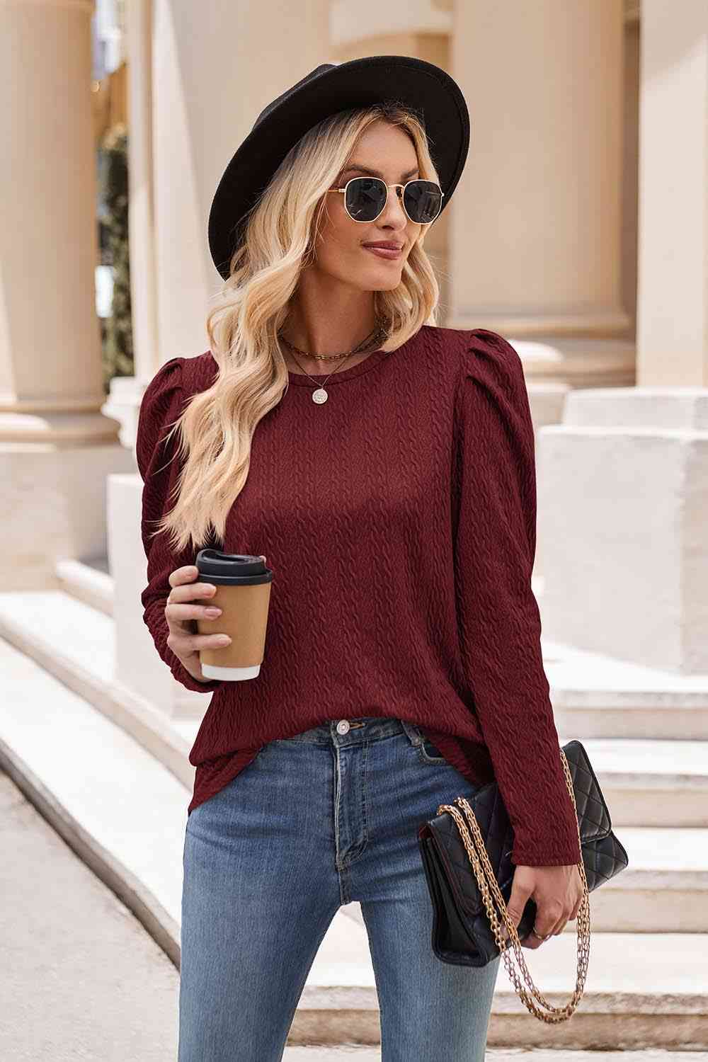 Round Neck Puff Sleeve Blouse (7 Colors) Shirts & Tops Krazy Heart Designs Boutique Wine S 