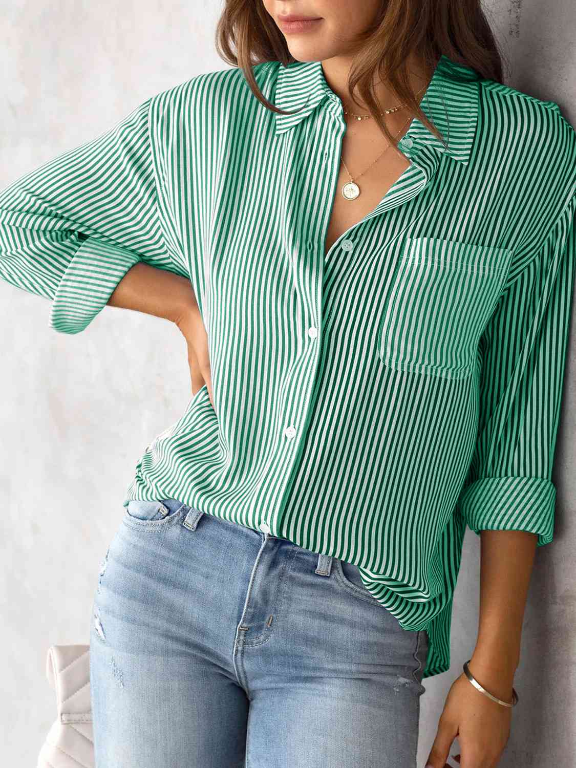 Striped Collared Neck Shirt with Pocket (5 Colors)  Krazy Heart Designs Boutique   