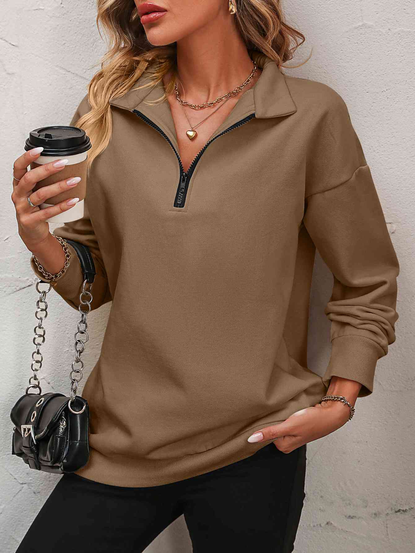 Zip-Up Dropped Shoulder Sweatshirt (7 Colors)  Krazy Heart Designs Boutique Camel S 