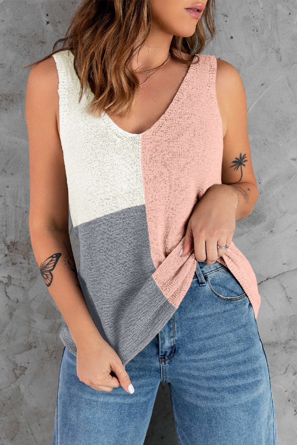 KHD Color Block V-Neck Knitted Tank (3 Colors)  Krazy Heart Designs Boutique Pink S 