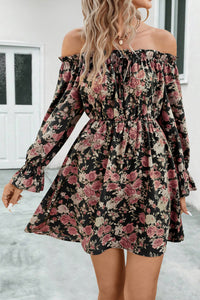 Floral Off-Shoulder Flounce Sleeve Dress (2 Colors)  Krazy Heart Designs Boutique Black S 