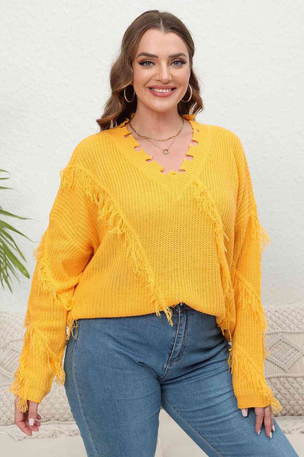 Plus Size Fringe V-Neck Long Sleeve Sweater Shirts & Tops Krazy Heart Designs Boutique Banana Yellow 1XL 