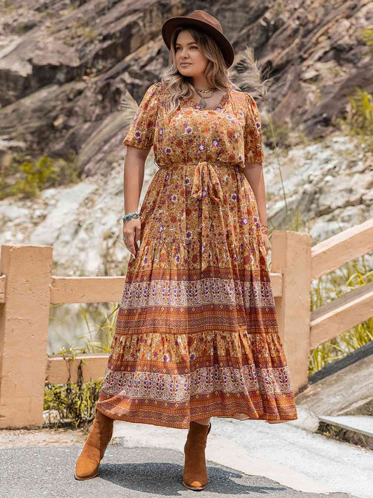 Plus Size Tie Waist Puff Sleeve Dress  Krazy Heart Designs Boutique Ochre 0XL 