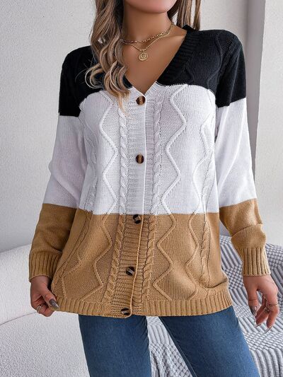 Cable-Knit Striped Color Block Button Up Cardigan (3 Colors) Shirts & Tops Krazy Heart Designs Boutique Camel S 