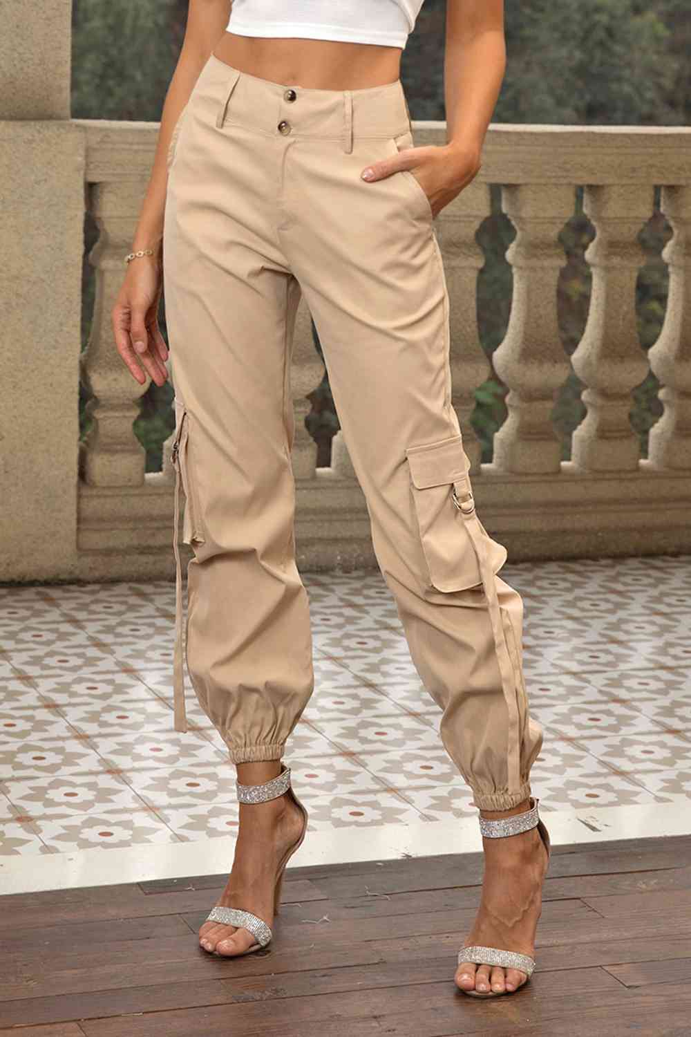 High Waist Cargo Pants pants Krazy Heart Designs Boutique Tan XS 