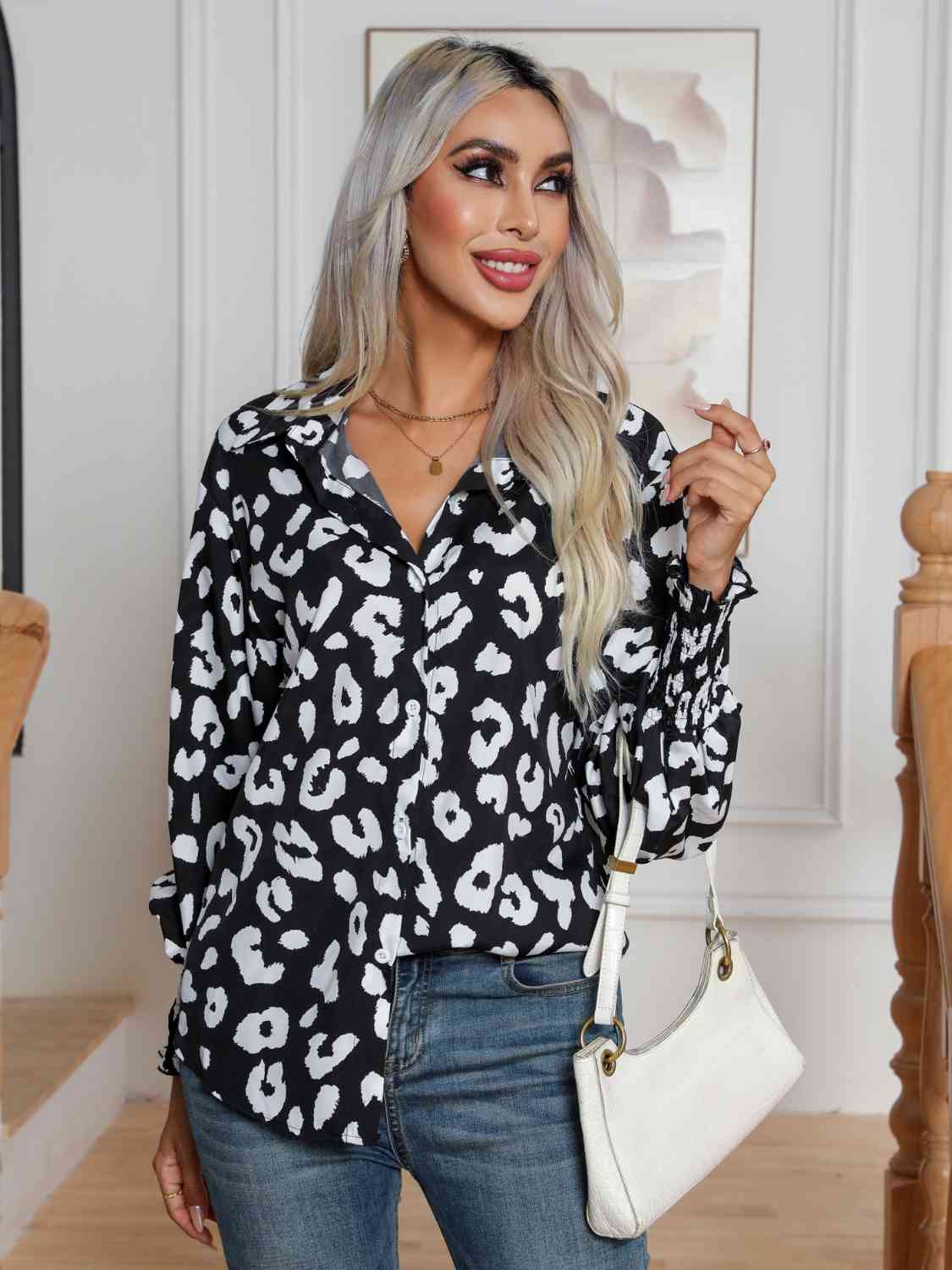 Printed Collared Neck Buttoned Lantern Sleeve Shirt Shirts & Tops Krazy Heart Designs Boutique   