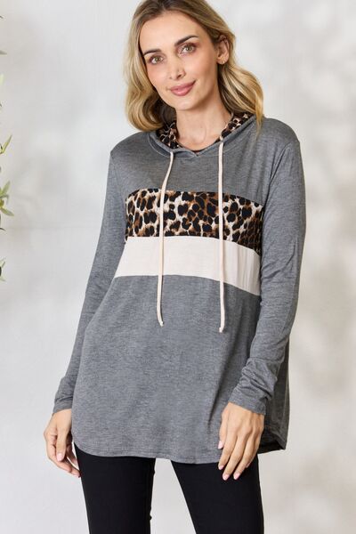 BiBi Leopard Print Color Block Drawstring Hoodie Shirts & Tops Krazy Heart Designs Boutique   