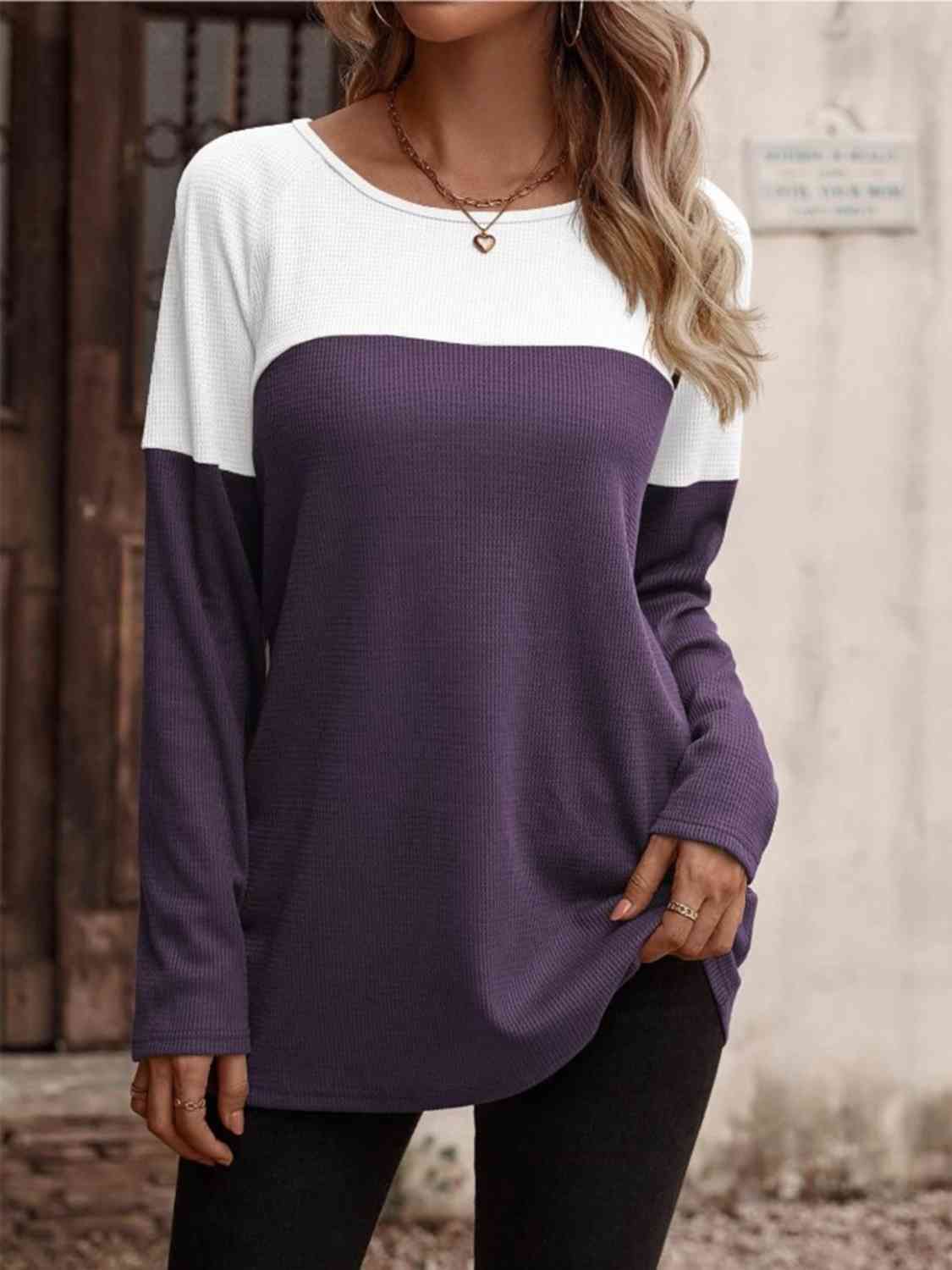 Contrast Round Neck Long Sleeve T-Shirt  Krazy Heart Designs Boutique   