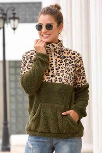 Leopard Print Zip-Up Turtle Neck Dropped Shoulder Sweatshirt Shirts & Tops Krazy Heart Designs Boutique Army Green S 