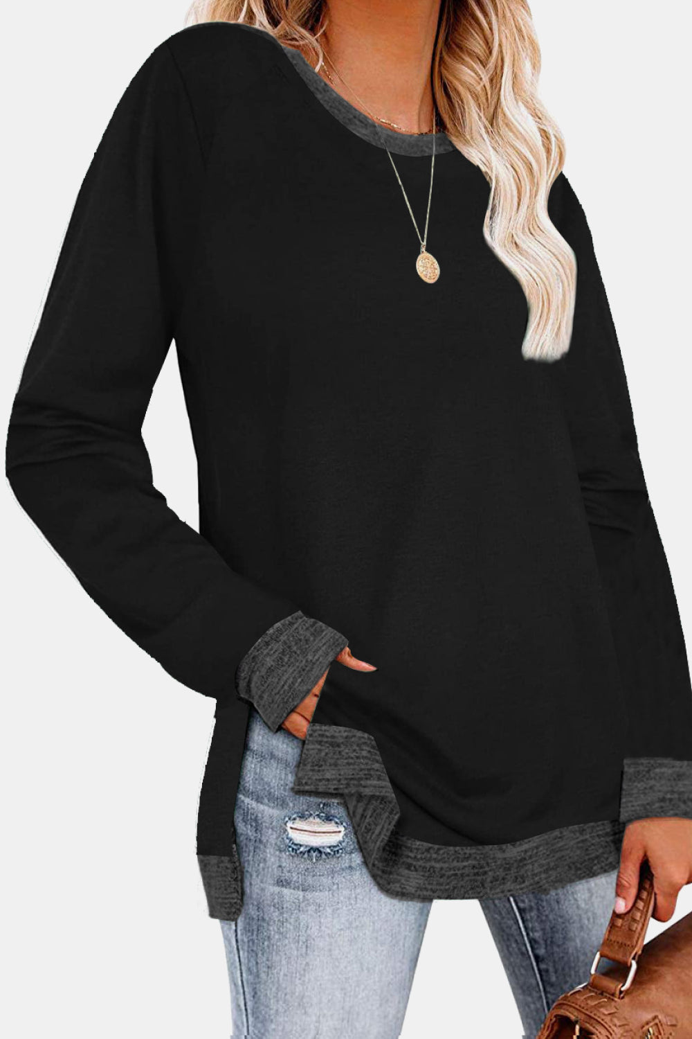 Round Neck Long Sleeve Slit T-Shirt (11 Colors)  Krazy Heart Designs Boutique   