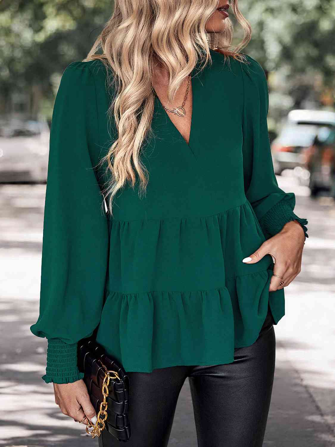 Notched Neck Lantern Sleeve Blouse  Krazy Heart Designs Boutique   