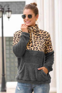 Leopard Print Zip-Up Turtle Neck Dropped Shoulder Sweatshirt Shirts & Tops Krazy Heart Designs Boutique Charcoal S 