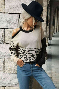 Leopard Print Color Block Cold-Shoulder Sweater Shirts & Tops Krazy Heart Designs Boutique   