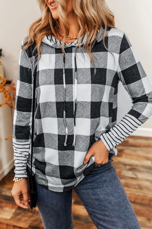 Plaid Drawstring Long Sleeve Hoodie Shirts & Tops Krazy Heart Designs Boutique   