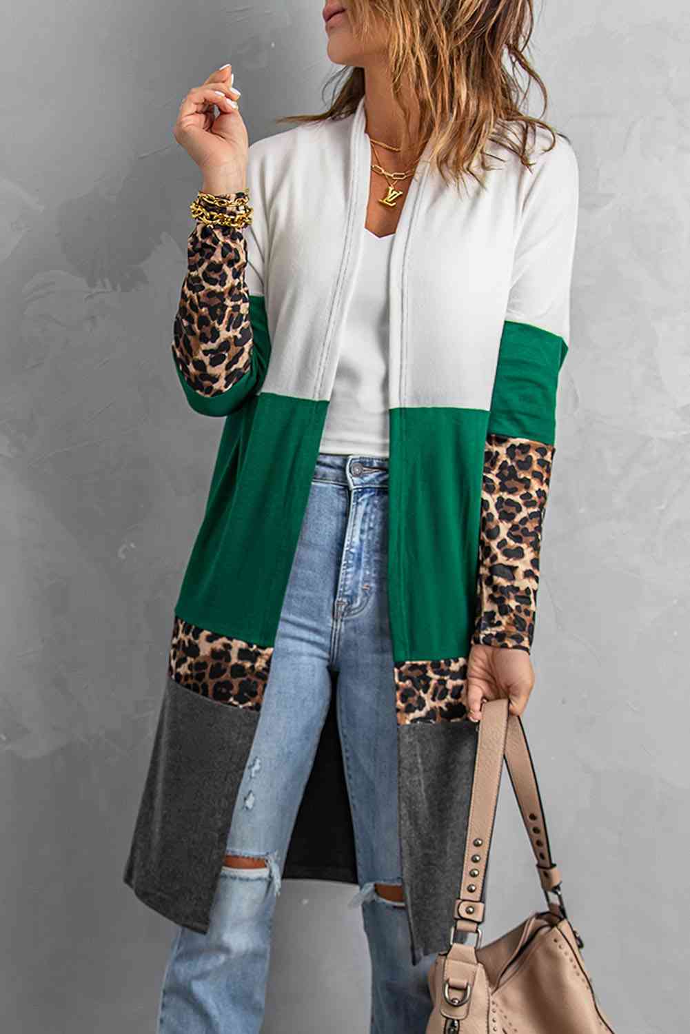 Leopard Print Color Block Open Front Longline Cardigan coats Krazy Heart Designs Boutique   